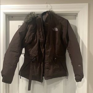 Brown Northface women’s fur lined coat